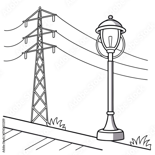 A stylized black and white drawing of a vintage street lamp standing next to a tall electricity pylon with power lines