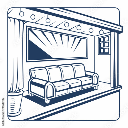 Cozy home theater setup with a comfortable sofa large screen and ambient lighting for movie nights