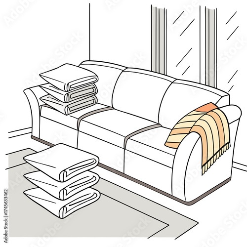 Cozy living room scene with a white sofa stacked folded blankets and a colorful throw draped over the armrest