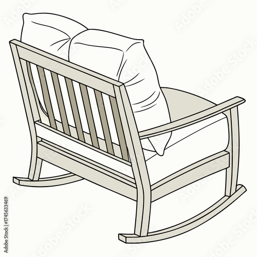 Comfortable wooden rocking chair with plush cushions and a slatted backrest shown from the rear perspective