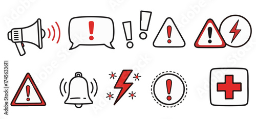 Urgent safety alerts, warning signs, and attention grabbers for emergency situations in eye-catching red and black, perfect for health and safety campaigns