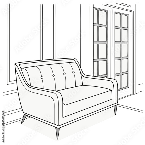 Elegant tufted loveseat with stylish legs positioned in a room with paneled walls and french doors