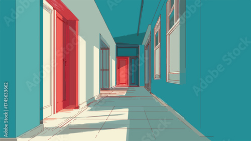 Sleek Modern Architectural Corridor with Blue Teal Walls and Red Door