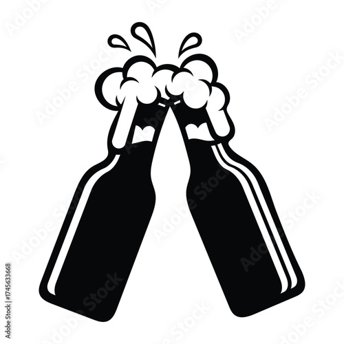 Black silhouette of two beer bottles clinking with frothy beer splashing toasting celebration