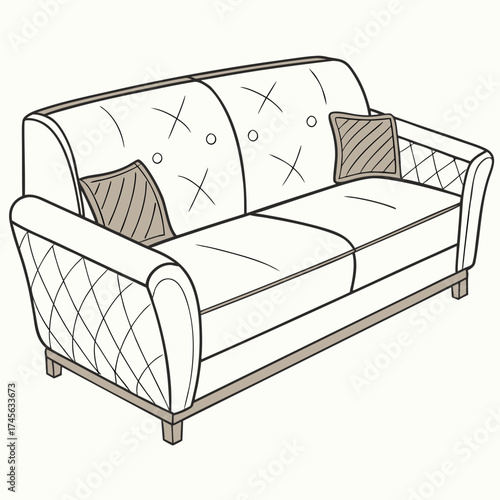 Elegant tufted sofa with decorative pillows and diamond pattern upholstery on armrests in a clean line drawing style