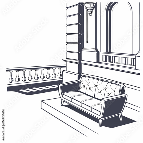 Elegant tufted sofa on a grand balcony with ornate railing and architectural details