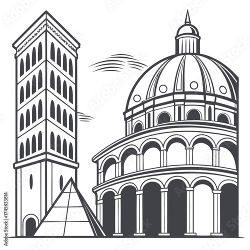 Iconic italian landmarks including florence cathedral dome and giotto s campanile tower in black and white line art style