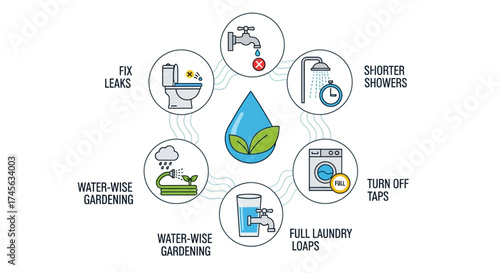 Illustrated Water Conservation Tips Saving Water with Simple Actions