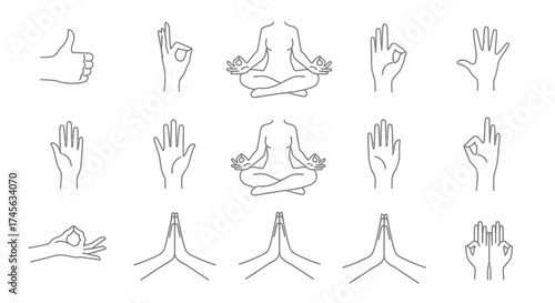 Outlined Hand Gestures and Yoga Poses Representing Various Meanings