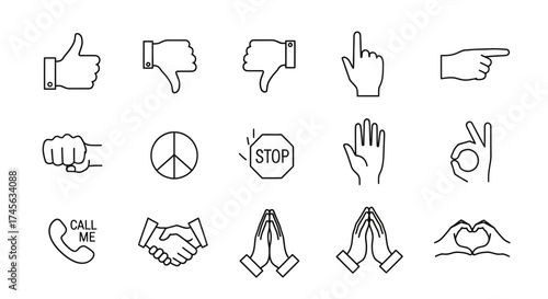 Outlined Hand Gestures and Symbols Representing Various Actions and Concepts