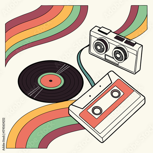Retro music montage featuring a vinyl record cassette tape and boombox with colorful wavy stripes background