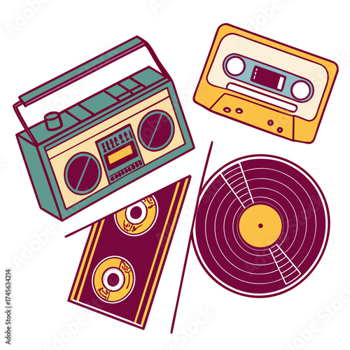 Retro music collection featuring a boombox cassette tape vinyl record and reel to reel tape