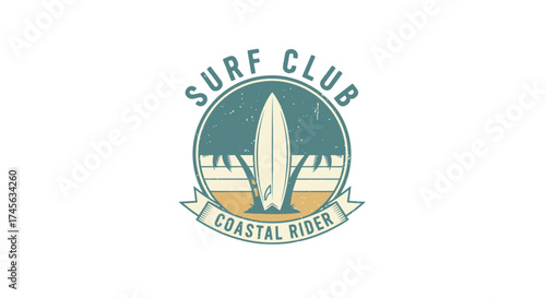 Vintage Surf Club Logo Featuring Surfboard Waves and Coastal Rider Text