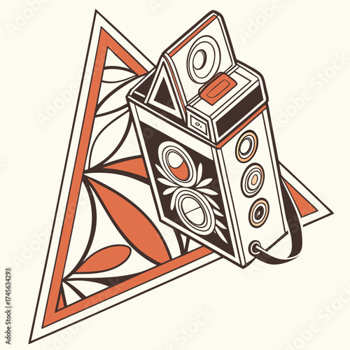 Retro twin lens reflex camera illustration with geometric triangle pattern in warm orange and brown tones