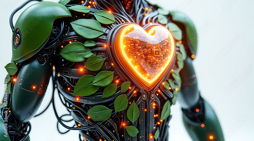 Naklejka premium Glowing heart shaped core on futuristic android torso with green leaves and black cables, symbolizing technology and nature harmony