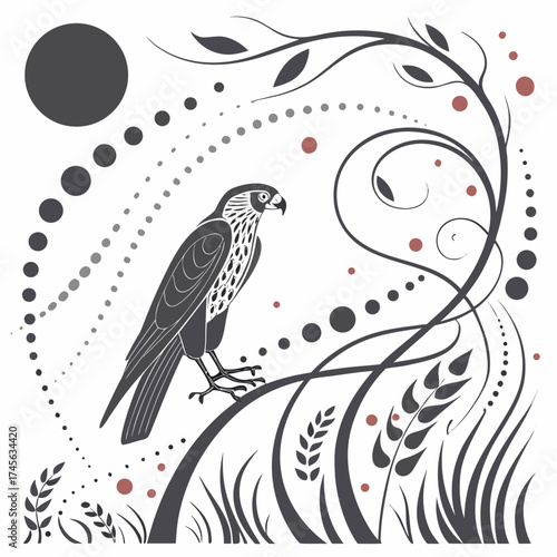 Stylized falcon perched on a branch surrounded by abstract natural elements and dots
