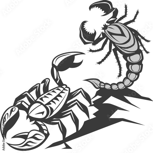 Stylized black and white graphic illustration of two scorpions in a dynamic pose with sharp claws and segmented tails