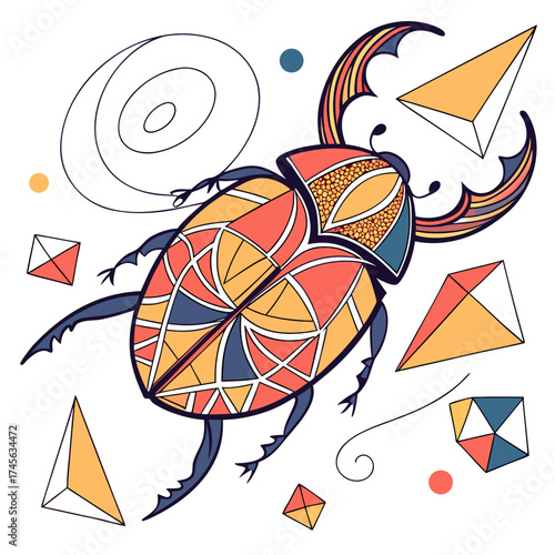 Stylized geometric scarab beetle with colorful abstract shapes and egyptian motifs in a playful design