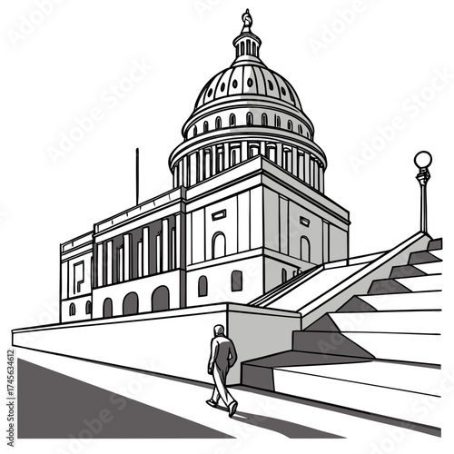 Stylized line art illustration of the united states capitol building with a lone figure walking up the stairs