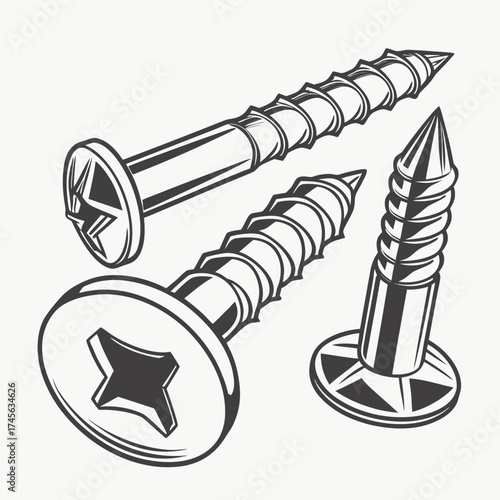Three detailed black and white illustrations of wood screws with star shaped heads on a plain background