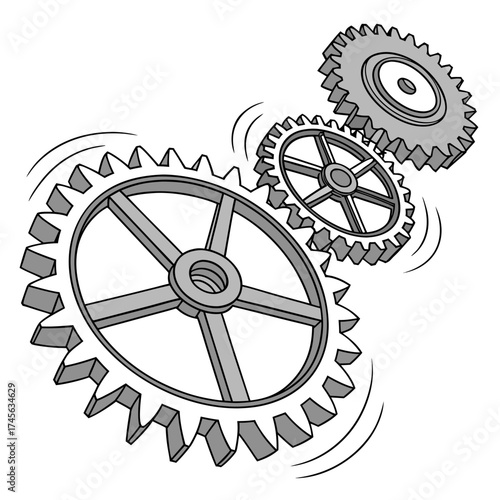 Three interlocking grey gears in motion creating a sense of mechanical movement and teamwork