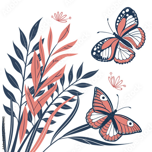 Two stylized coral and navy blue butterflies flutter amongst dark blue and coral foliage and delicate floral accents