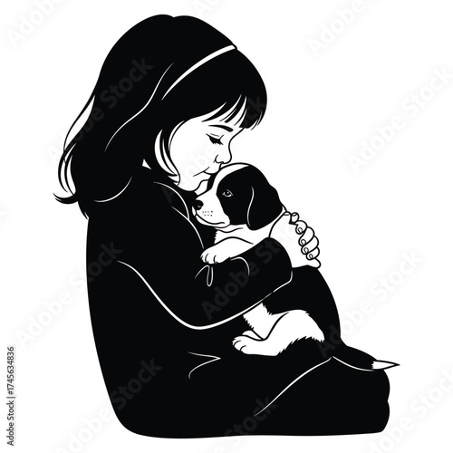 Silhouette of a Girl Cradling a Puppy with Affection Keywords: girl, child, puppy, dog, pet, animal, love