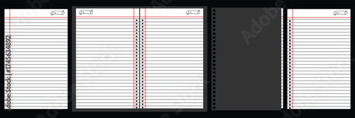 Crumpled Spiral Notebook Paper Templates Set Graph, Ruled Blank Vector. blank notebook mockup with metal spirals with black cover, place for text, in closed and opened view. collection of blank note