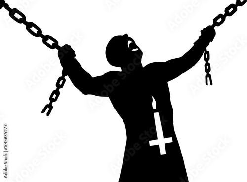 Silhouette of chained cult victim screaming - ritual sacrifice concept vector with white background 