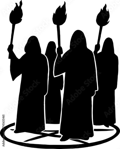 Silhouette of cult group in hoods holding torches - horror scene vector with white background 