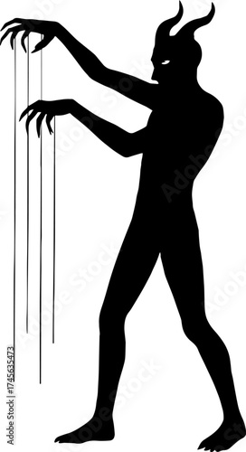 Silhouette of demon pulling strings like puppet master vector with white background 