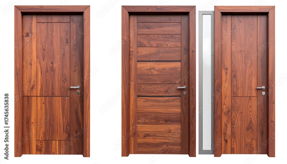Fototapeta premium Three wooden doors with various designs and window panel