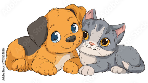 Adorable Cartoon Puppy and Kitten Cute Pets Kawaii Animals