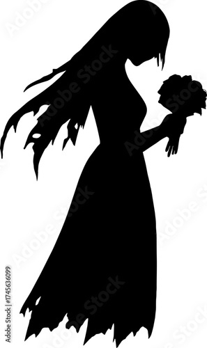 Silhouette of ghostly bride with torn veil and bouquet vector with white background 