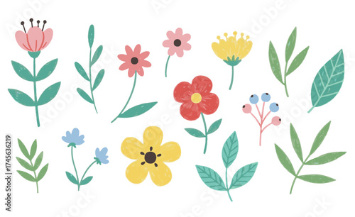 Whimsical floral elements for spring designs, perfect for invitations, greeting cards, or adding a touch of playful charm to your creative projects