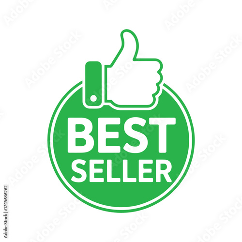 Green circle badge with white thumbs up icon and text best seller vector