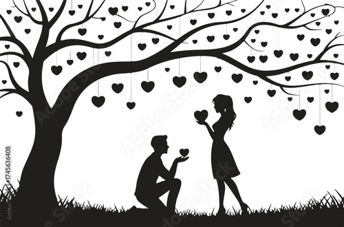 Romantic couple under tree with hanging hearts, man proposing to woman, love and relationship scene