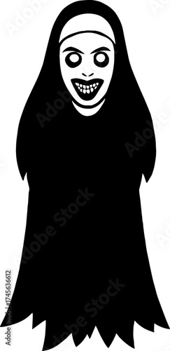 Silhouette of ghostly nun with creepy eyes creepy face creepy lips ? gothic horror vector with white background 