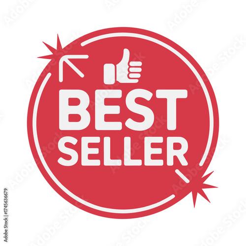 Red circle with white text best seller and thumbs up icon sale promotion