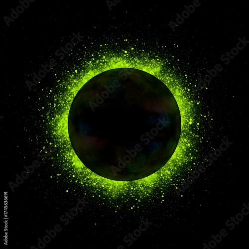 Dark Planet with Neon Green Particle Ring