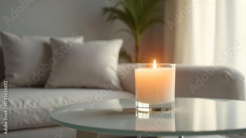 A softly lit candle in a glass holder rests on a sleek glass-top coffee table, the gentle glow illuminating a serene living room setting with plush cushions and subtle natural light