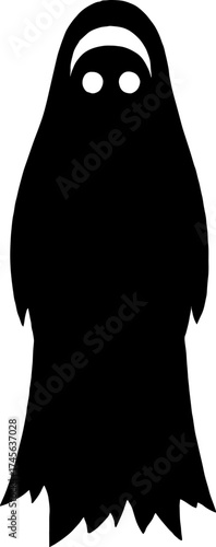 Silhouette of ghostly nun with glowing eyes - gothic horror vector with white background 