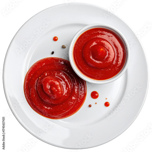 Overhead shot of a white plate with a small bowl and swirl of red, thick sauce