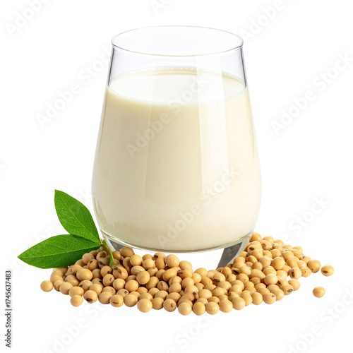 A glass of creamy, beige liquid with soy beans and green leaves on a black backdrop