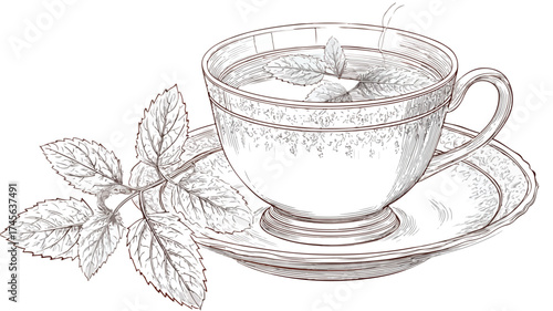 Elegant Aromatic Mint Tea in Delicate Ornate Cup with Saucer and Steam Leaves Vector Illustration