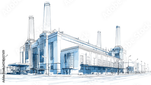 Art Deco Power Station in Industrial Cityscape Retro Style Illustration