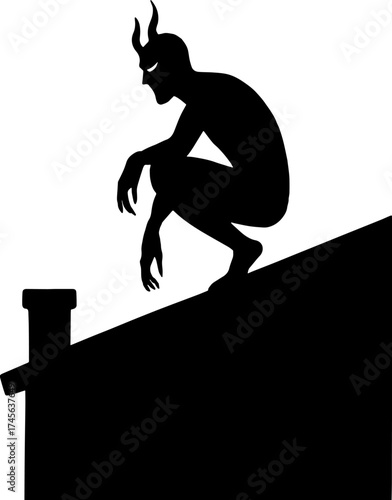 Silhouette of horned human crouching on rooftop - demonic watcher vector with white background 