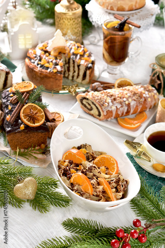 Sweet Christmas with traditional poppy seed and noodle dessert and pastries