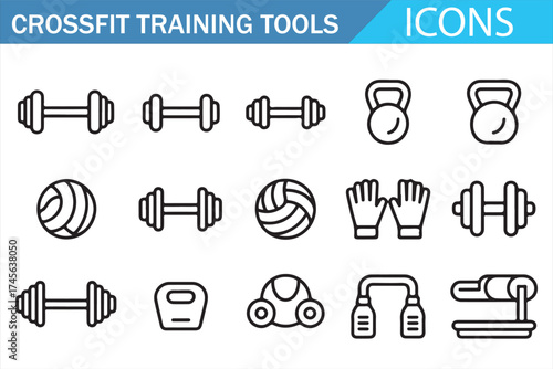Collection of CrossFit Gym Tools Icons for Training and Fitness Workouts