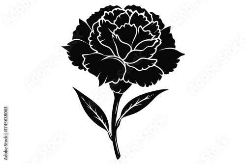Black silhouette of a carnation flower with stem and leaves illustrated vector